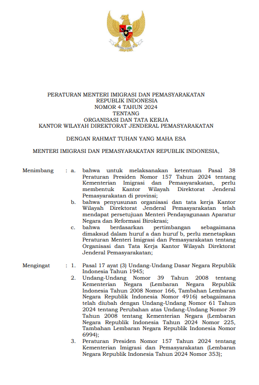 Peraturan Imigrasi dan Pemasyarakatan Nomor 4 Tahun 2024 tentang Organisasi dan Tata Kerja Kantor Wilayah Direktorat Jenderal Pemasyarakatan